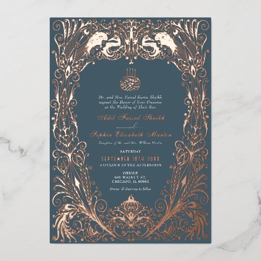 Islamitisch Roos Goudblauw Bruiloft Ottomaans Turk Folie Uitnodiging (Voorkant)