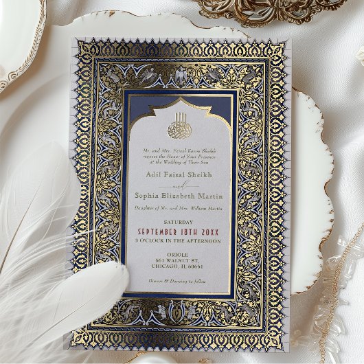 Islamitisch Stoffig Blauw Bruiloft Ottomaans Turks Folie Uitnodiging