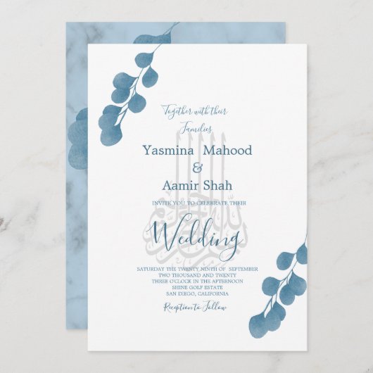 Islamitische Bismillah Blue Eucalyptus Modern Wedd Kaart (Voorkant / Achterkant)