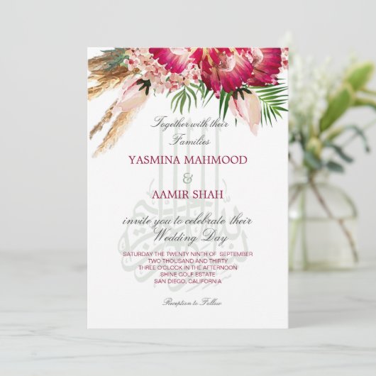 Islamitische Bismillah Pampas Protea Floral Weddin Kaart (Staand voorkant)