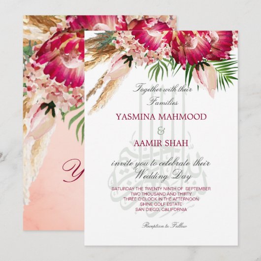 Islamitische Bismillah Pampas Protea Floral Weddin Kaart (Voorkant / Achterkant)
