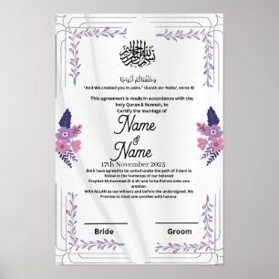 Islamitische bloemen paarse nikkah certificaat poster