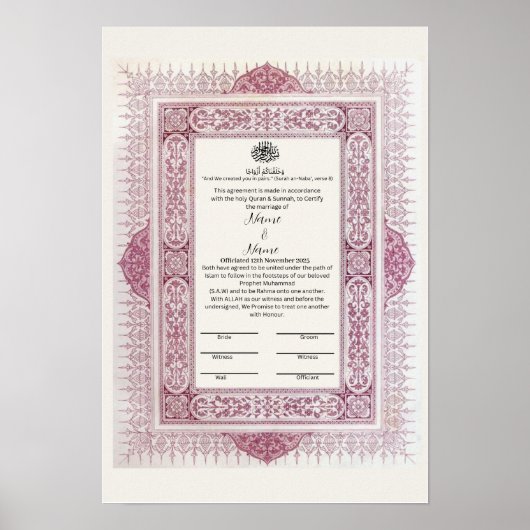 Islamitische bloemengrens Nikkah certificaat Poster (Voorkant)