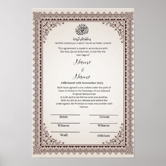 Islamitische Bloemengrens Nikkah certificaat Poster (Voorkant)