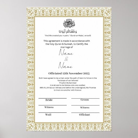 Islamitische bloemengrens Nikkah certificaat Poster (Voorkant)