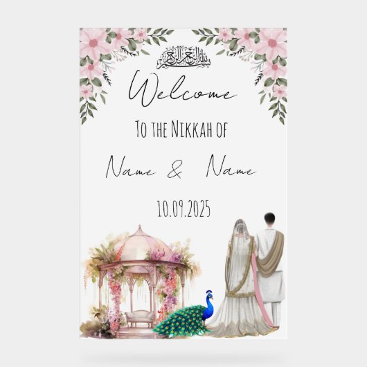 Islamitische bloemenroze Nikkah teken. Acryl Bord (Voorkant)