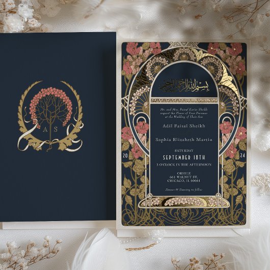 Islamitische Bourgondische bruiloft Art Nouveau Folie Uitnodiging