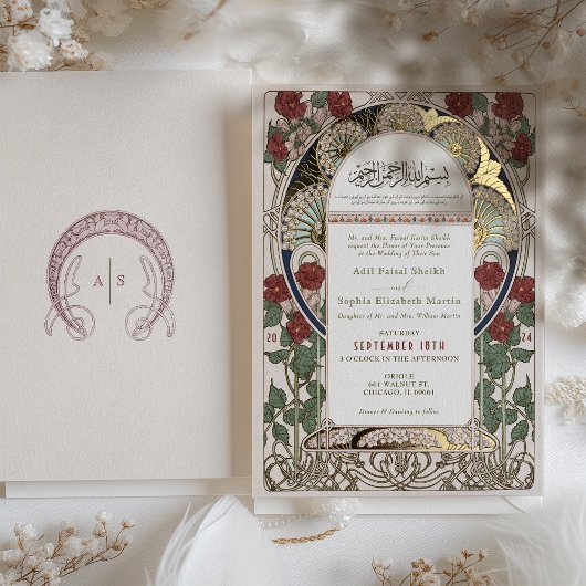 Islamitische Bourgondische bruiloft Art Nouveau Mu Folie Uitnodiging