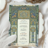 Islamitische bruiloft blauw, goud, groene boog kaart