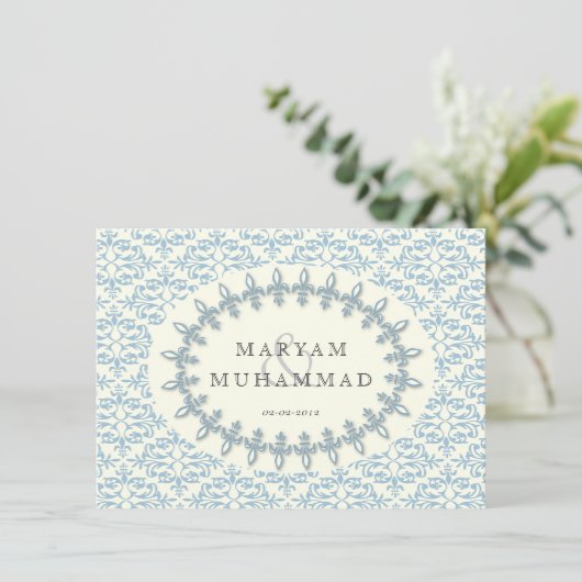 Islamitische damast trouwverlovings- blauwe bloem kaart (Staand voorkant)