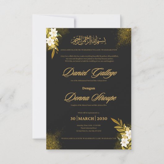 Islamitische Elegante Zwarte & Gouden Trouwuitnodi (Voorkant)