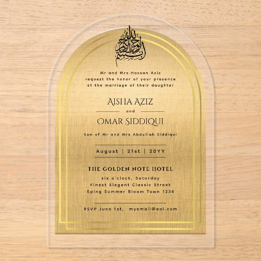 Islamitische Gouden Sierlijke Nikah Walima Moslim  Acryl Uitnodigingen (Voorkant)