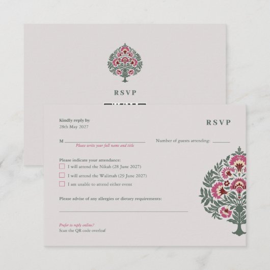 Islamitische Huwelijks RSVP Kaart – Zachte-Grijze (Voorkant / Achterkant)