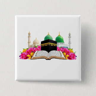 Islamitische kunst koran met moskee en Rozen Vierkante Button 5,1 Cm