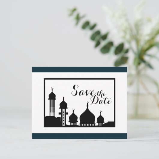 Islamitische Moskee Silhouet Bruiloft Save The Dat Aankondigingskaart (Staand voorkant)
