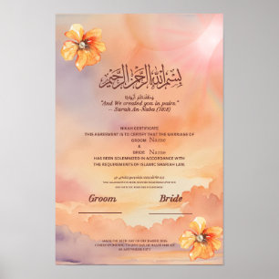 Islamitische Nikah-certificaat Perzik Bloem en Par Poster