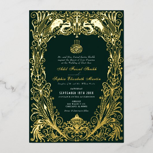 Islamitische Smaragd Groene Bruiloft Ottomaans Tur Folie Uitnodiging (Voorkant)