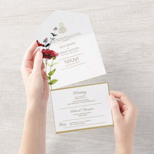 Islamitische TROUW NIKAH WALLIMAH Goud Bloem Alle  All In One Uitnodiging (Afscheurbaar)