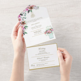 Islamitische TROUW NIKAH WALLIMAH Goud Bloem Alle  All In One Uitnodiging