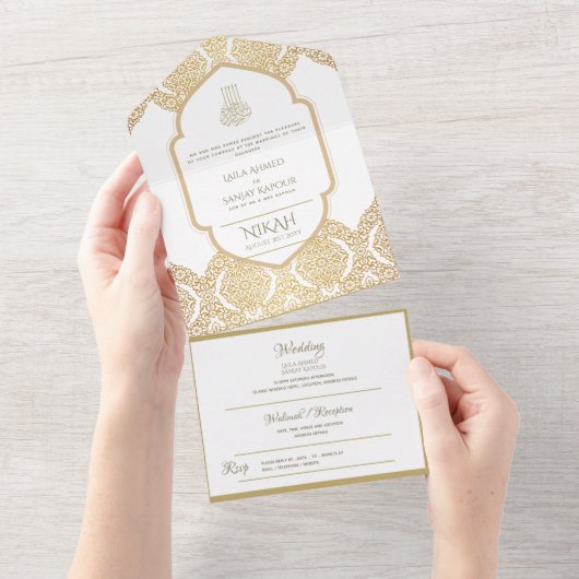 Islamitische TROUW NIKAH WALLIMAH Goud Versierd Al All In One Uitnodiging (Afscheurbaar)