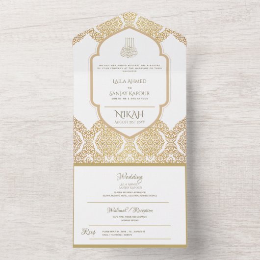 Islamitische TROUW NIKAH WALLIMAH Goud Versierd Al All In One Uitnodiging (Binnen)