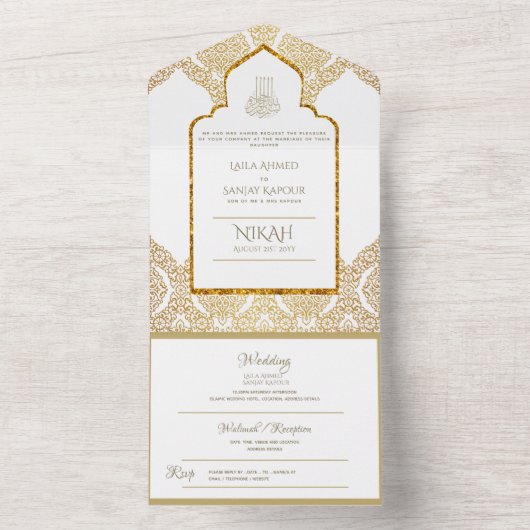 Islamitische TROUW NIKAH WALLIMAH Goud Versierd Al All In One Uitnodiging (Binnen)