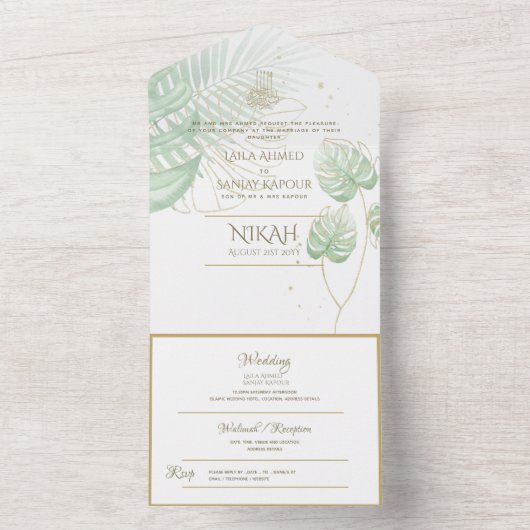 Islamitische WEDDING NIKAH WALLIMAH Tropische Blad All In One Uitnodiging (Binnen)