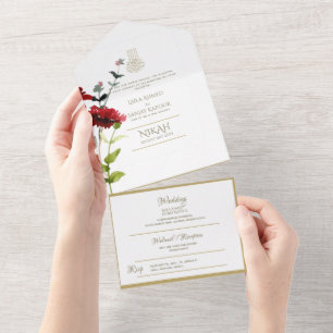 Islamitische WEDING NIKAH WALLIMAH Gold Floral All In One Uitnodiging