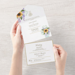 Islamitische WEDING NIKAH WALLIMAH Gold Floral All In One Uitnodiging