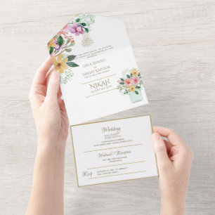 Islamitische WEDING NIKAH WALLIMAH Gold Floral All In One Uitnodiging