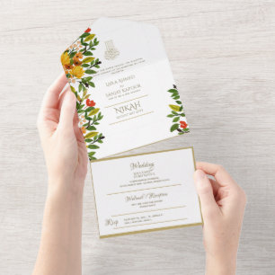 Islamitische WEDING NIKAH WALLIMAH Gold Floral All In One Uitnodiging