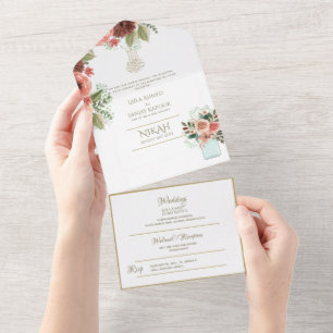 Islamitische WEDING NIKAH WALLIMAH Gold Floral All In One Uitnodiging