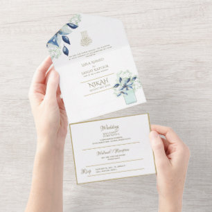 Islamitische WEDING NIKAH WALLIMAH Gold Floral All In One Uitnodiging