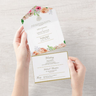 Islamitische WEDING NIKAH WALLIMAH Gold Floral All In One Uitnodiging