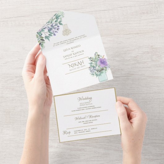 Islamitische WEDING NIKAH WALLIMAH Gold Floral All In One Uitnodiging (Afscheurbaar)