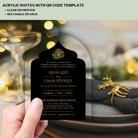 Islamitische Zwart Goud Nikah Moslim Moskee Elegan Acryl Uitnodigingen