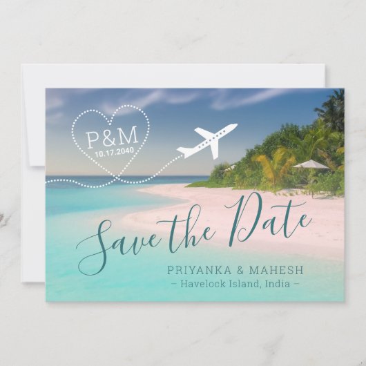 Island Beach Wedding Heart Airplane Save the Date (Voorkant)