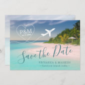 Island Beach Wedding Heart Airplane Save the Date (Voorkant / Achterkant)