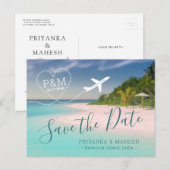 Island Beach Wedding Heart Airplane Save the Date Aankondigingskaart (Voorkant / Achterkant)