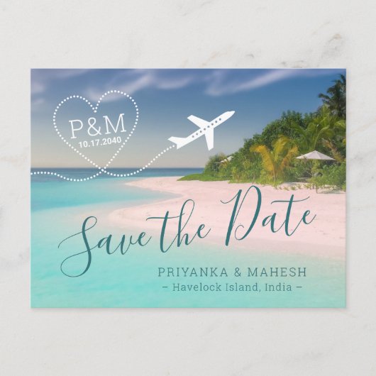 Island Beach Wedding Heart Airplane Save the Date Aankondigingskaart (Voorkant)