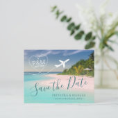 Island Beach Wedding Heart Airplane Save the Date Aankondigingskaart (Staand voorkant)