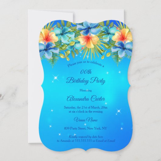 Island Blue yellow Hibiscus Tropical Floral Party Kaart (Voorkant)