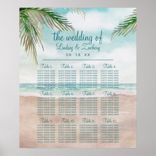 Island Breeze Beach Wedding Table Seating Chart Poster (Voorkant)