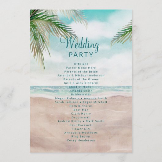 Island Breeze geschilderd strand scène bruiloft ce Programmakaart (Achterkant)