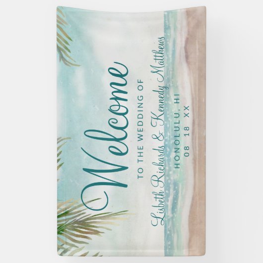 Island Breeze geschilderd strand scène bruiloft we Spandoek (Verticaal)