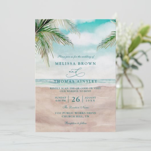 Island Breeze Sandy Beach Elegant QR Code Wedding  Kaart (Staand voorkant)