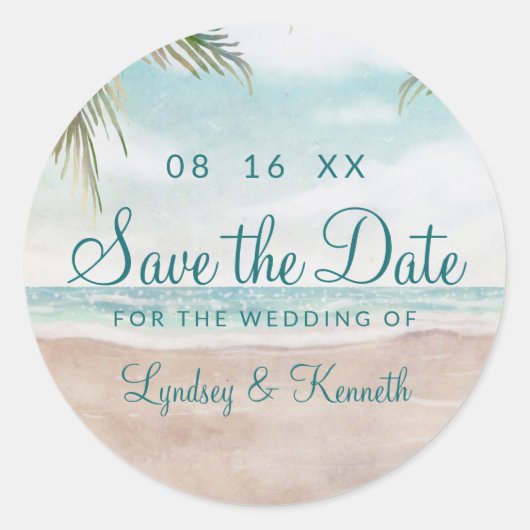 Island Breeze Tropical Beach Scene Save the Date Ronde Sticker (Voorkant)