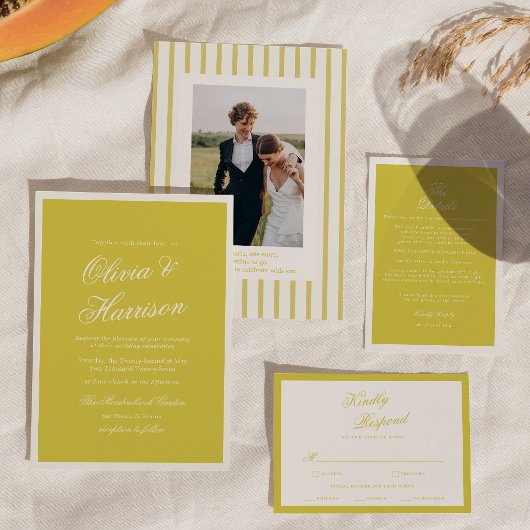 Island Citrus Yellow Elegant Script Wedding Script Kaart
