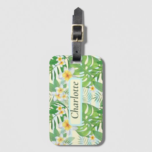 Island Flowers and Monstera Leaves Personalized Bagagelabel (Voorkant (verticaal))