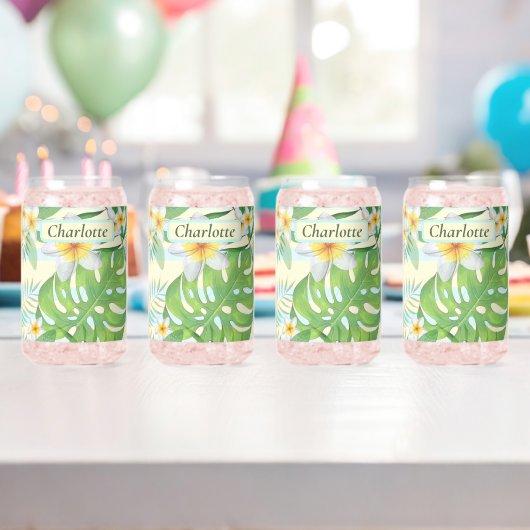 Island Flowers and Monstera Leaves Personalized Blikvorm Glas (Insitu (Verjaardag))